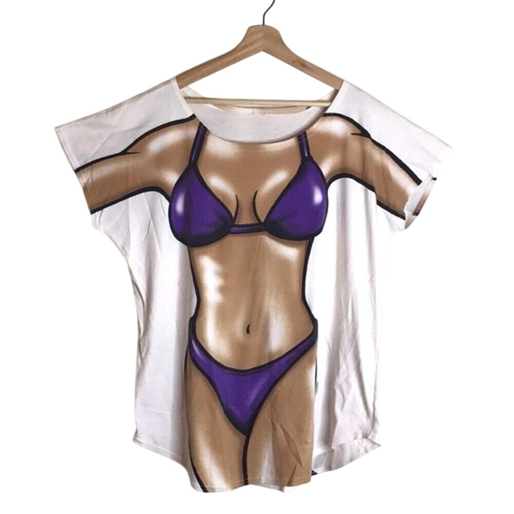 Vintage Women's Bikini Body Graphic Beach Cover Up Purple White Large